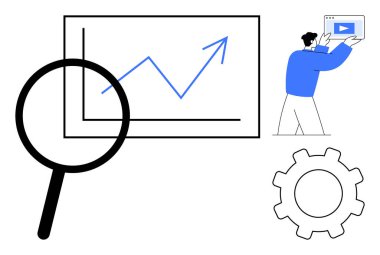 Yükselen eğilimli büyüteç, medya arayüzü tutan kişi, vites sembolü. Veri analizi, iş büyümesi, eğitim, strateji planlaması, teknoloji, süreç optimizasyonu için ideal