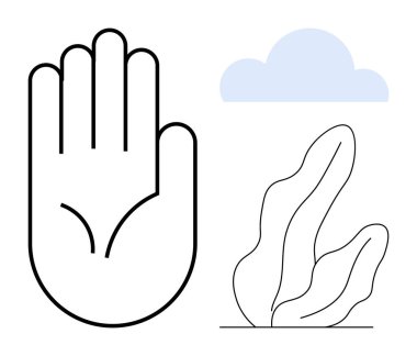 Yeşillik çizimi ve yumuşak mavi bulutlu açık bir el çizgisi. Farkındalık, çevre, doğa, refah, koruma, sadelik ve sadelik için ideal bir iniş sayfası