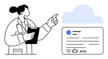 Bir pano tutan kadın doktor ve yanında sosyal medya bilgilendirme kartı olan bir bulutu işaret ediyor. Sağlık, teknoloji, sosyal medya, veri analizi, bulut hesaplaması, dijital için ideal