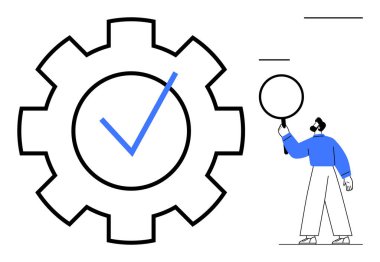 Mavi işaretli büyük teçhizat başarıyı ve verimliliği temsil ediyor. Çember tutan bir işçiyle eşleştirilmiş. Takım çalışması, kalite, iş akışı, başarı, yönetim, üretkenlik, basit iniş için ideal