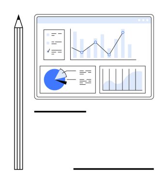 Bilgisayar ekranında veri içgörüsü için çoklu analiz çizelgesi, pasta tablosu ve çubuk grafiği gösterilir. Analiz, planlama, finans, araştırma, raporlar, stratejiler için idealdir.
