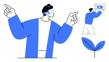 VR kulaklık takan kişi yukarı bakıyor, ekranı medya içerikli tutuyor, bitki yetiştiriyor. Teknolojik yenilik, eğitim, eğlence, sürdürülebilir gelecek, eğitim ve yaratıcılık için ideal