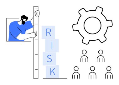 Yığılmış blokları ölçen kişi RISK, bir dişli sembolü ve bir grup insan. Risk analizi, takım çalışması, süreç yönetimi, liderlik, üretkenlik, sistem tasarımı için ideal düz metafor