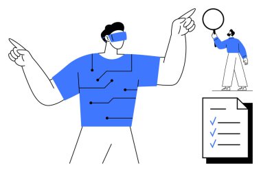 VR kulaklıklı adam interaktif sanal elementlere işaret ediyor, küçük figür bir balon tutuyor ve bir kontrol listesi gösteriliyor. Teknoloji, yenilik, VR, takım çalışması, eylem, basit iniş planları için ideal