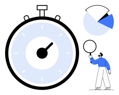 Büyük bir kronometre, elinde büyüteçle pasta grafiğini analiz eden bir adam. Zaman yönetimi, üretkenlik, araştırma, analiz, strateji, verimlilik için ideal, basit iniş sayfası