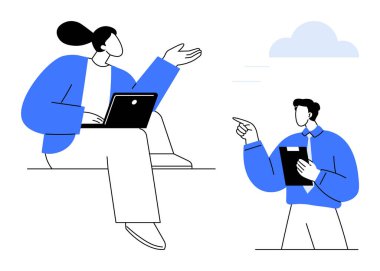 Dizüstü bilgisayarlı bir kadın otururken el kol hareketi yapıyor, adam pano tutuyor. Takım çalışması, iletişim, liderlik, işbirliği, sunum, uzaktan beyin fırtınası için ideal. Düz basit metafor