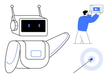 Anten ve ekran kolu olan robot, elinde video öğreticisi olan hedefe yönelik jestler yapıyor. AI, eğitim, katılım, yenilik, otomasyon, öğretiler için ideal, basit