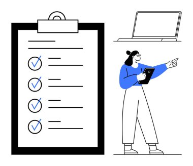 Üzerinde işaretler olan büyük bir liste, elinde tablet ve işaret eden bir kadın, en az dizüstü bilgisayar. Üretkenlik, organizasyon, planlama, işyeri, hedefler, görevler için ideal basit iniş sayfası