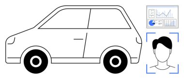 Görsel veri analizi ve biyometrik yüz tanıma sistemi ile birlikte kompakt araba. Gelişmiş analitik, yapay zeka, teknoloji, güvenlik, yenilik, ulaşım, basit iniş sayfası için ideal