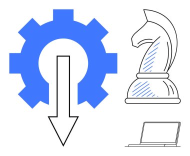 Aşağı doğru ok, satranç şövalyesi ve teknolojiyi, stratejiyi ve yeniliği simgeleyen dizüstü bilgisayarı olan vites. İşletme, planlama, geliştirme, operasyon karar verme mekanizması için ideal basit