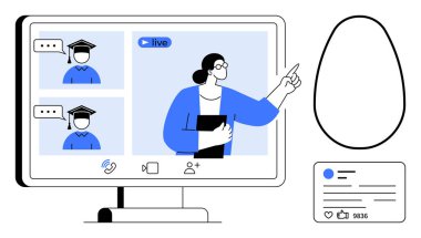 Eğitmen canlı sanal seansa ev sahipliği yapıyor, mezuniyet videoları, etkileşim röfleleri. Basit e-öğrenim, webinar, öğretmenlik, uzaktan çalışma, eğitim, çevrimiçi dersler için ideal
