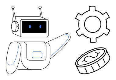 Bir vitese ve teknolojiyi temsil eden bozuk para, yenilik, otomasyon, yapay zeka, finans, dijital dönüşüm ve verimliliği temsil eden bir robota. Teknolojik markalaşma ve basit iniş için ideal.