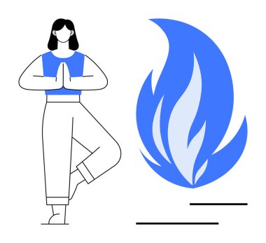 Meditasyon yapan ağaçtaki kadın stilize edilmiş mavi ateşin yanında poz veriyor. Farkındalık, meditasyon, denge, iç güç, öz bakım, enerji odaklanma, sağlık için idealdir. Düz basit metafor