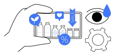 Çevrede eko sembolü, satış ikonu, kalp, yüzde, vites ve gözyaşı damlalarıyla çevrili akıllı telefon görüntüleme şişeleri. E-ticaret, eko-pazarlama perakende sürdürülebilirlik teknolojisi için ideal