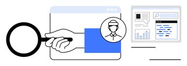 Web sitesinde kullanıcı profilinin yanında el ele tutuşan büyüteç, veri, grafik ve metin analiz ediliyor. İşe alım, araştırma, siber güvenlik, analitik, dijital mahremiyet için ideal UIUX konsepti basit iniş