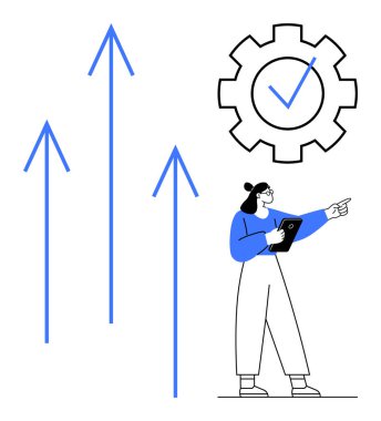 Kadın profesyonel elinde tablet, yükselen okları işaret ediyor dişli ve işaretli. İlerleme, strateji, analitik, optimizasyon, liderlik, takım çalışması, basit iniş konuları için ideal