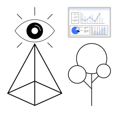 Piramidin tepesindeki göz, grafikli analitik gösterge paneli, asgari ağaç çizgisi sanatı. Teknoloji, yenilik, vizyon, büyüme, sürdürülebilirlik, bilim ve basit iniş sayfası için ideal