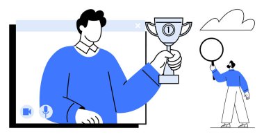İnternetteki videoda ödülü tutan adam ve çemberi dengeleyen başka bir figür. Takım çalışması, liderlik, motivasyon, çevrimiçi etkinlikler, uzaktan çalışma, başarı ve basit iniş sayfası için ideal