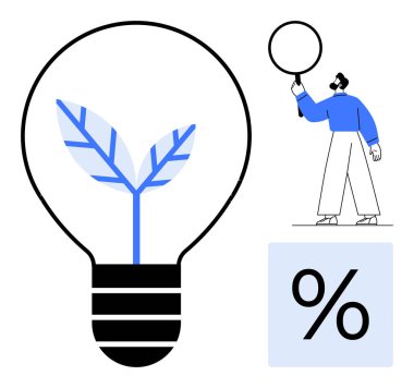 Çevre dostu çözümleri sembolize eden yeşil bitkili ampul, büyüteç tutan kişi, yüzde simgesi. Sürdürülebilirlik, büyüme, yenilik, doğa koruma, eko-analiz, temiz