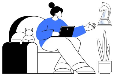 Koltuğunda dizüstü bilgisayar tutan bir kadın, satranç taşına doğru işaret ediyor, yanında kedi ve bitki var. Strateji, planlama, ev ofisi, uzaktan çalışma, yaratıcılığa odaklanma kişisel gelişim için ideal. Düz basit