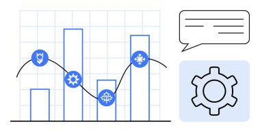 İlkbahar, yaz, kış, sonbahar, sonbahar, çizgi çizelgesi, metin balonu ve vites sembolleriyle mevsimsel trendlerin izlenmesi. Veri analizi için ideal, eğilimler strateji mevsimleri süreci