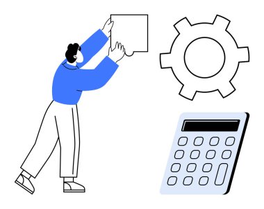 Yapboz parçasına ulaşan kişi dişli ve hesap makinesiyle birlikte. Takım çalışması, strateji, sorun çözme, mühendislik, analitik, proje yönetimi, yenilik ve basit iniş sayfası için ideal