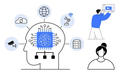 Bulut, robot bilimi, veri ve güvenlik simgelerine bağlı entegre yapay zeka çipine sahip insan kafası. Dijital içeriği ve kadın figürünü sunan adam eklendi. Yapay zeka, yenilik, teknoloji, robotik ve basit için ideal