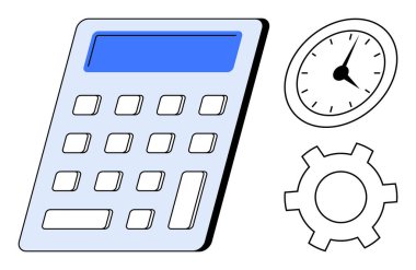 Dijital ekranlı bir hesap makinesi, zamanı simgeleyen bir saat ve işlemleri gösteren bir dişli. Zaman izleme, verimlilik, verimlilik, finansal planlama, iş analizi ve proje için ideal