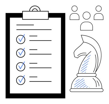 Panodaki kontrol listesi, stratejiyi sembolize eden satranç şövalyesi ve işbirliğini temsil eden takım simgeleri. Takım çalışması, planlama, strateji, hedef belirleme, karar verme, liderlik organizasyonu için ideal
