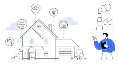 Bağlı ev vitrinleri, akıllı ev otomasyonları sıcaklık, güvenlik ve cihazlar için ikonlar. Yanında bir sanayi fabrikası ve verileri analiz eden bir adam var. Teknoloji için ideal