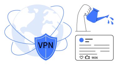 Yörünge çizgileri ve VPN kalkanı olan bir dünya, elle sulanan dijital profil büyümesi, güvenli ağlar. Siber güvenlik, küresel güvenlik, dijital büyüme, pazarlama, mahremiyet, çevrimiçi varlık için ideal