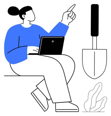 Bir dizüstü bilgisayarla oturan şahıs, bahçe küreği ve bitkisinin yanındaki fikir ve hedeflere doğru bakıyor. Teknoloji, öğrenme, yaratıcılık, karar verme, bahçıvanlık, sürdürülebilirlik için ideal