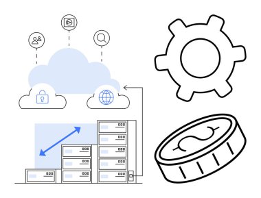 Ölçeklenebilir sunuculara, güvenliğe, küreye, teçhizata ve madeni para elemanlarına bağlı bulut sunucusu. Bulut hesaplama, ölçeklenebilirlik, güvenlik, finansal teknoloji veri yönetimi için idealdir.