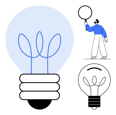 Sanatsal filaman detaylarıyla büyük ampul grafiği. Elinde büyüteç tutan kişi yenilik, problem çözme ve yaratıcılığı ön plana çıkarır. Fikirler, çözümler, teknoloji ve iş için ideal