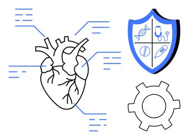 Birbirine bağlı anatomik kalp, tıbbi ikonlar içeren kalkan, yeniliği sembolize eden vites. Sağlık, kardiyoloji, tıbbi araştırma, teşhis, biyoteknoloji ve önleme için ideal