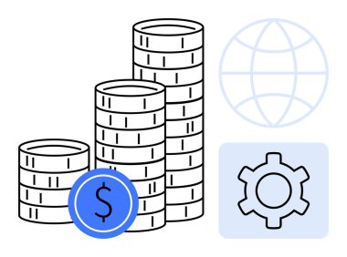 Döviz sembollü bozuk paralar, alet edevat ve işlemler için ekipman, dünya çapında bağlantılar için dünya. Finans, yatırım, küresel ticaret, ekonomi, teknoloji, yönetim için ideal basit iniş sayfası