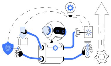 Mekanik kolları olan robotlar paket işleme, veri analizi ve laboratuvar çalışmalarını başarıyla tamamlıyorlar. Teknoloji, yenilik, otomasyon, yapay zeka, robot verimliliği bilimi için idealdir. Düz basit