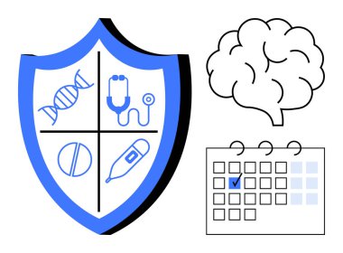 Kalkan, içinde DNA sarmalı, stetoskop, hap ve termometre bulunan dört çeyreğe bölünmüş durumda. Bir de beyin çizgisi ve tarihi işaretlenmiş bir takvim var. Sağlık, önleme ve planlama için ideal