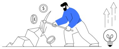 Para basmak için kazma kullanarak taş kıran bir işçi. Finans, yatırım, ekonomi, iş gücü, yenilik, kâr hedefleri, zenginlik stratejileri için idealdir. Asgari düz metafor
