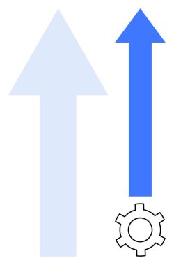 Mavi yukarı doğru ok, yenilik ve gelişim için bir dişli ile birlikte büyümeyi sembolize eder. İş stratejisi, üretkenlik, dijital araçlar, analitik, takım çalışması, ilerleme, basit iniş sayfası için ideal