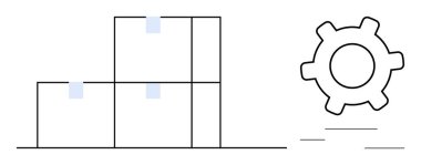 Yığılmış kutuların yanında verimliliği, organizasyonu ve işlemleri gösteren bir vites sembolü. Lojistik, imalat, süreç iyileştirme, tedarik zinciri, ambalaj stratejisi ve üretkenlik için ideal