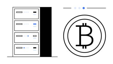 Bitcoin sembolü ile eşleştirilmiş sunucu rafları kripto para madenciliği, blok zinciri yeniliği, veri güvenliği, dijital finans, ademi merkeziyetçi sistemler, fintech evrim ve basit bir iniş sayfasını simgeler