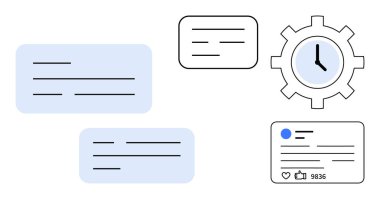 Sohbet baloncukları, sosyal paylaşım, ve saat takım çalışması, zaman izleme, iletişim. İşbirliği, zaman yönetimi, otomasyon, sosyal medya verimliliği müşteri hizmetleri için idealdir