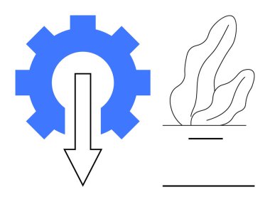 Mavi dişli ve aşağı doğru ok, optimizasyonu temsil ediyor, modern bir bitki çizimiyle eşleştirilmiş. Teknoloji, üretkenlik, sürdürülebilirlik, yenilik, strateji, ekolojik bilinç temaları için ideal, basit