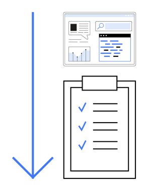 Grafikler ve metinlerle web arayüzü, işaretli görevleri olan kontrol listesine işaret eden büyük ok. Üretkenlik, iş akışı, proje yönetimi, organizasyon, planlama, veri işleme, basit iniş için ideal