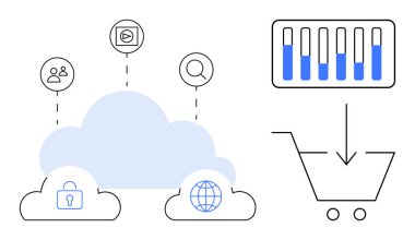 İnsanlar, medya, arama, güvenlik ve küresel erişim alışveriş arabası ve analitik bar için simgelerle bağlantılı bulut. Teknoloji, e-ticaret, güvenlik, dijital pazarlama veri paylaşımı için ideal