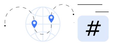 Yer işaretleri, noktalı seyahat çizgileri ve üstveri etiketli bir dünya. Ağ oluşturma, seyahat, sosyal medya, teknoloji, iletişim, navigasyon için ideal basit iniş sayfası