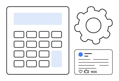 Düğmeli hesap makinesi, dişli sembolü ve onay ve nişan gösteren analitik kartı. İş için ideal, veri analizi, verimlilik, teknoloji, sosyal medya, otomasyon sade iniş sayfası