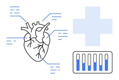 Kalp diyagramı, bağlantı noktaları, tıbbi haç ve test tüpü paneli ile sağlık hizmetini görselleştiriyor. Tıbbi araştırma, sağlık teşhisi, yenilik, kalp bakımı, teletıp, laboratuvarlar için ideal