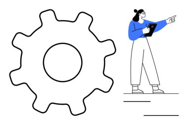 Elinde pano tutan kadın büyük bir aletle önünü işaret ediyor. Takım çalışması, yenilik, planlama, liderlik, karar verme, iş akışı ve problem çözmeyi temsil eder. İş için ideal